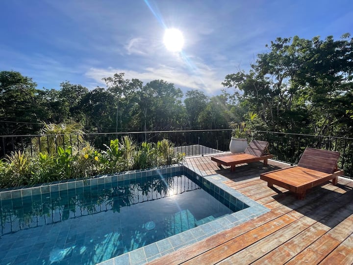 Alberca en azotea Casa Dalida con vista a la selva y área de estar