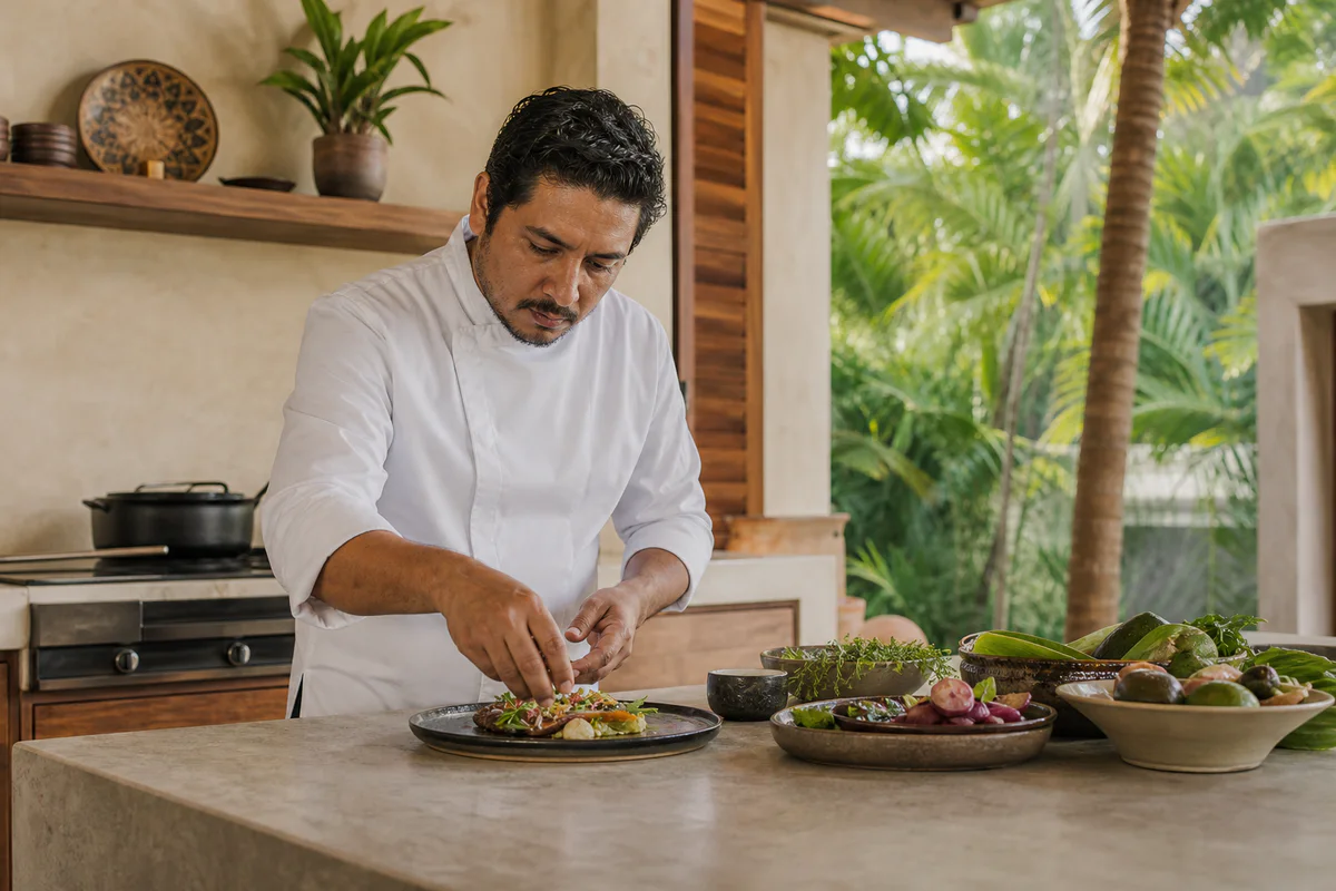 Chef mexicano privado emplatando una comida en la cocina abierta de una villa en Tulum